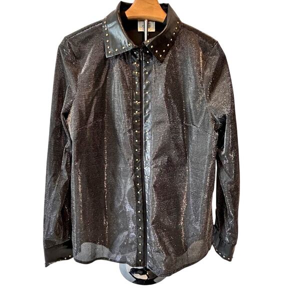 NWOT Unisex Black Leather Gold Studded Glitter Oversized Mesh Western Rock  XS - Picture 1 of 8